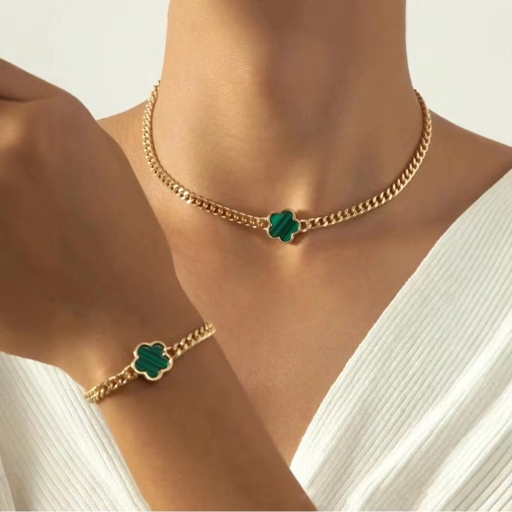 Bohemian gold, plated Cuban Chain‎ Lucky, Clover bracelet Pendant, Necklace Set.